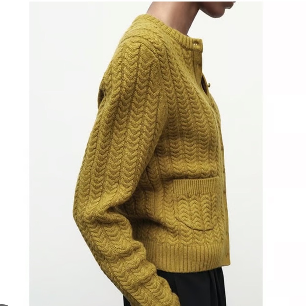 NWOT ZARA Mustard Yellow/Green Cable Knit Cardigan